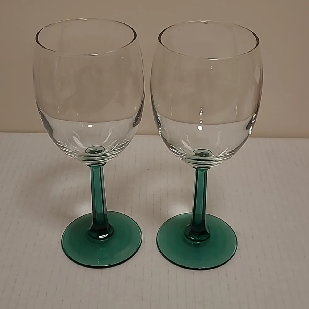 Pair of Vintage Green Stemmed Crystal Wine Glasses
